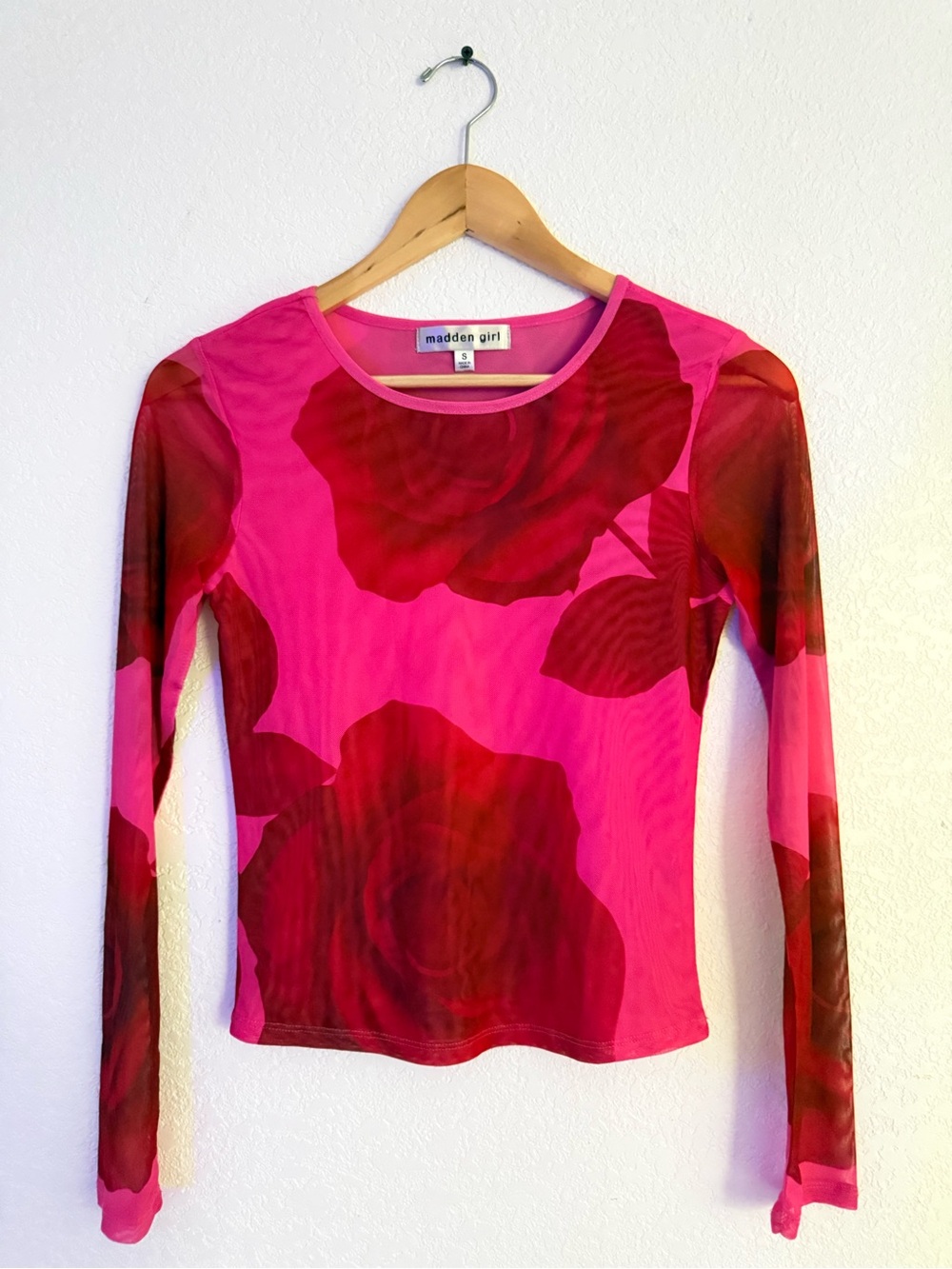 Madden Girl Hot Pink Mesh Long-Sleeve Floral Top